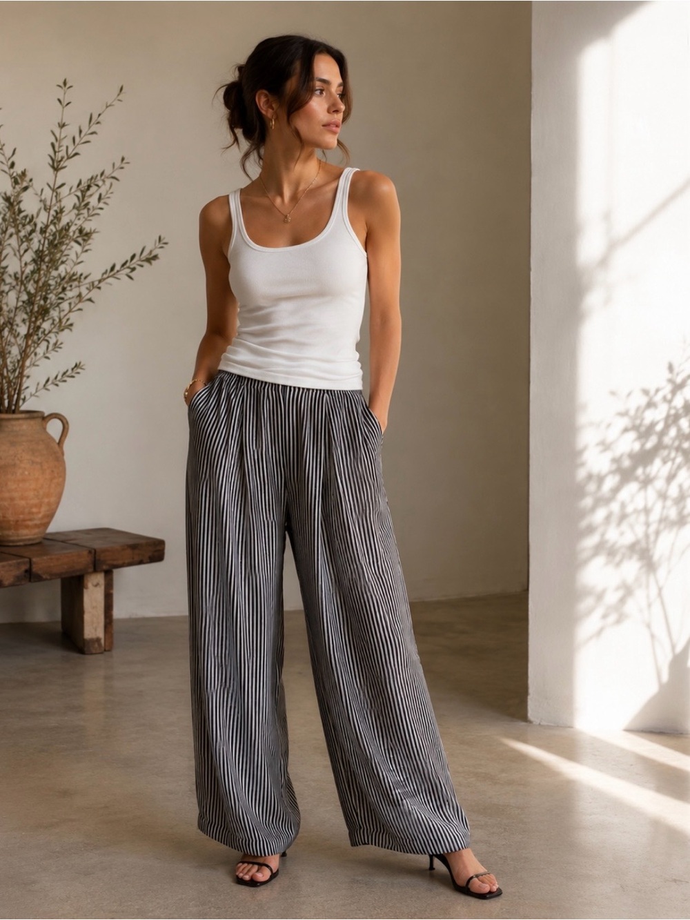 Linda Allard Ellen Tracy Silk Stripe Pants | Wide Leg | Navy & Taupe | 90s